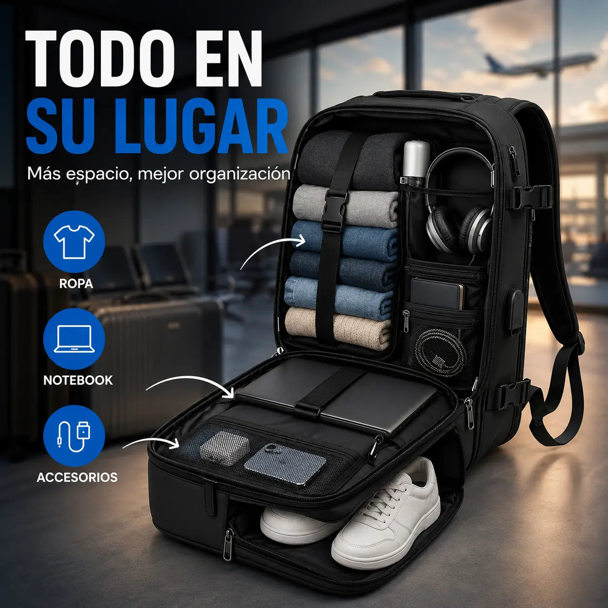 TravelPro®️: Mochila de Viaje Multifuncional con Puerto USB + Toalla Compacta con Estuche y Mosquetón de REGALO 🎁