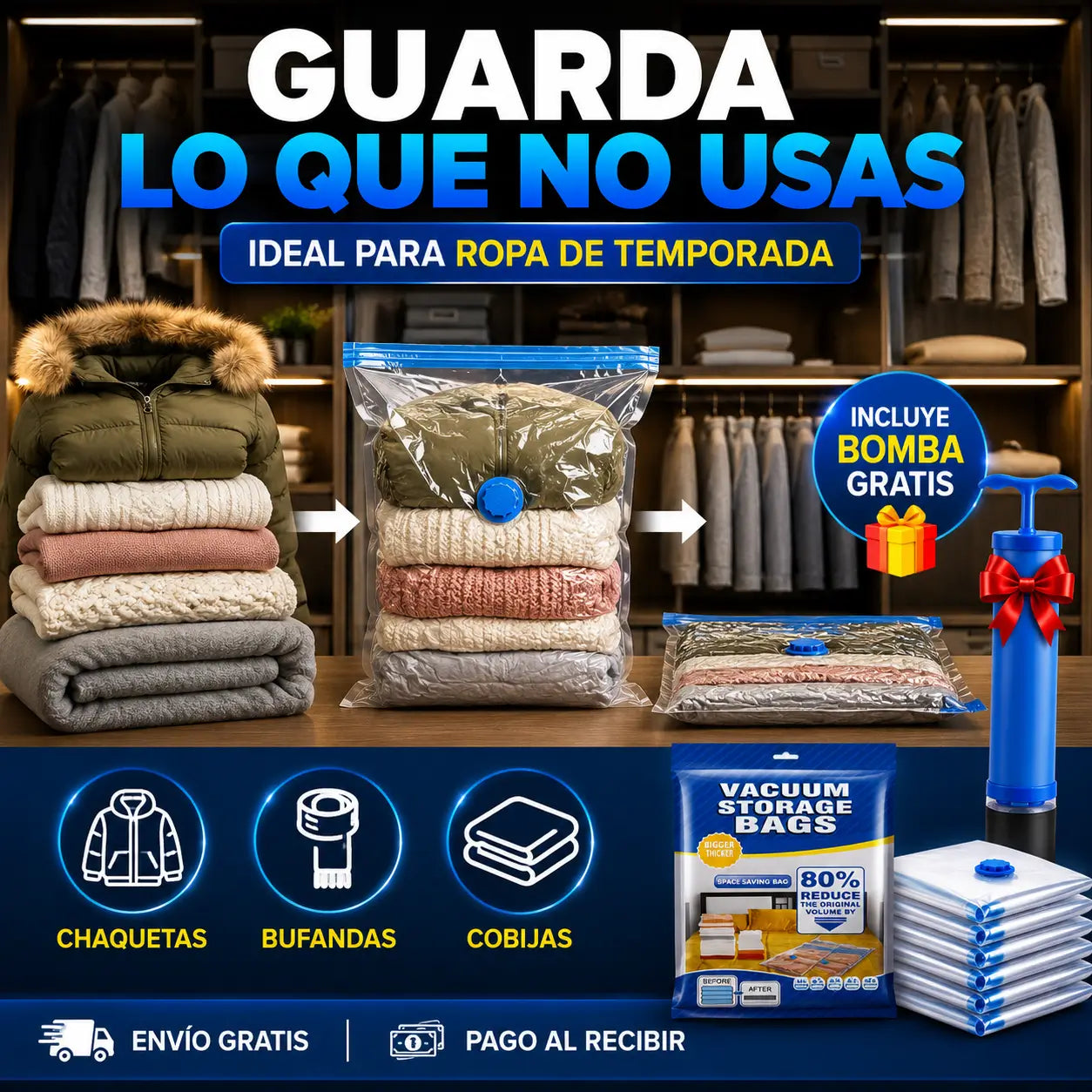SpaceVac®️: Kit de 5 Bolsas de Compresión al Vacío + Bomba de Succión de REGALO🎁