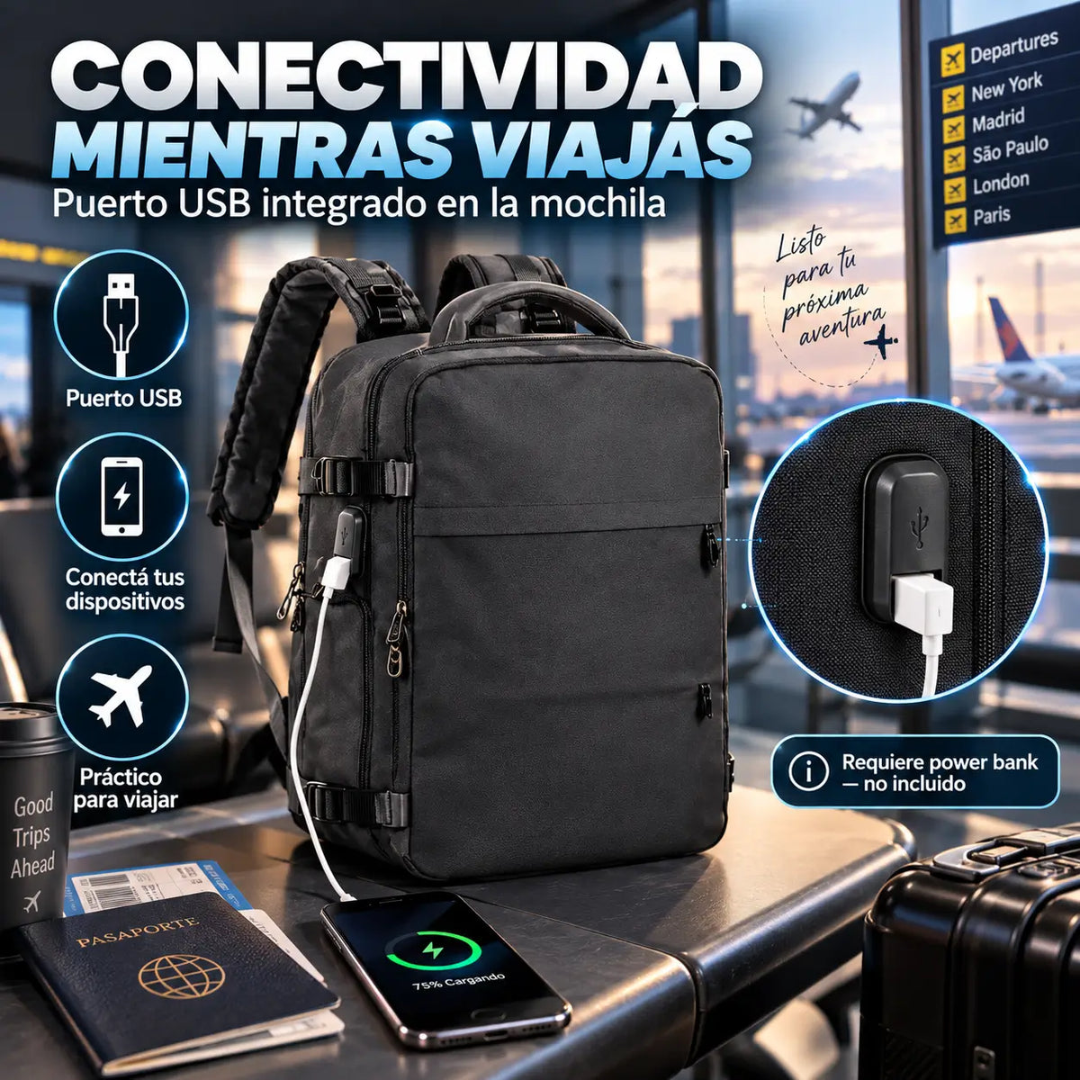 TravelPro®️: Mochila de Viaje Expandible Con Puerto USB