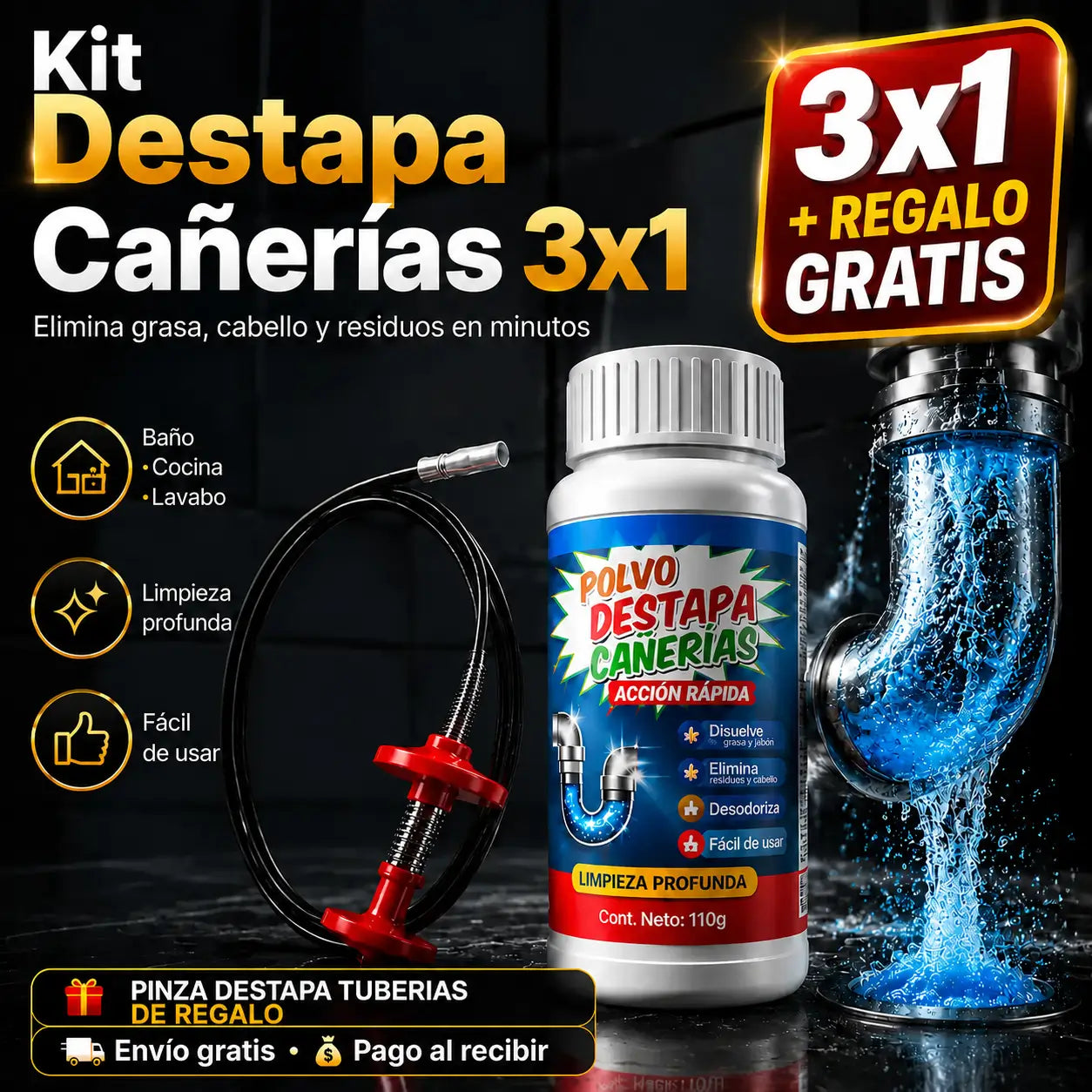 ¡PROMO 3X1! PowerPipe Clean®: Fórmula Destapa Cañerías + Pinza destapa tuberias de regalo!🎁