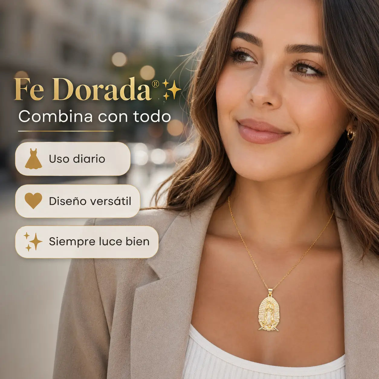 ¡PROMO 2X1! Fe Dorada® – Dije Virgen de Guadalupe en Oro Laminado 18K + Cadena