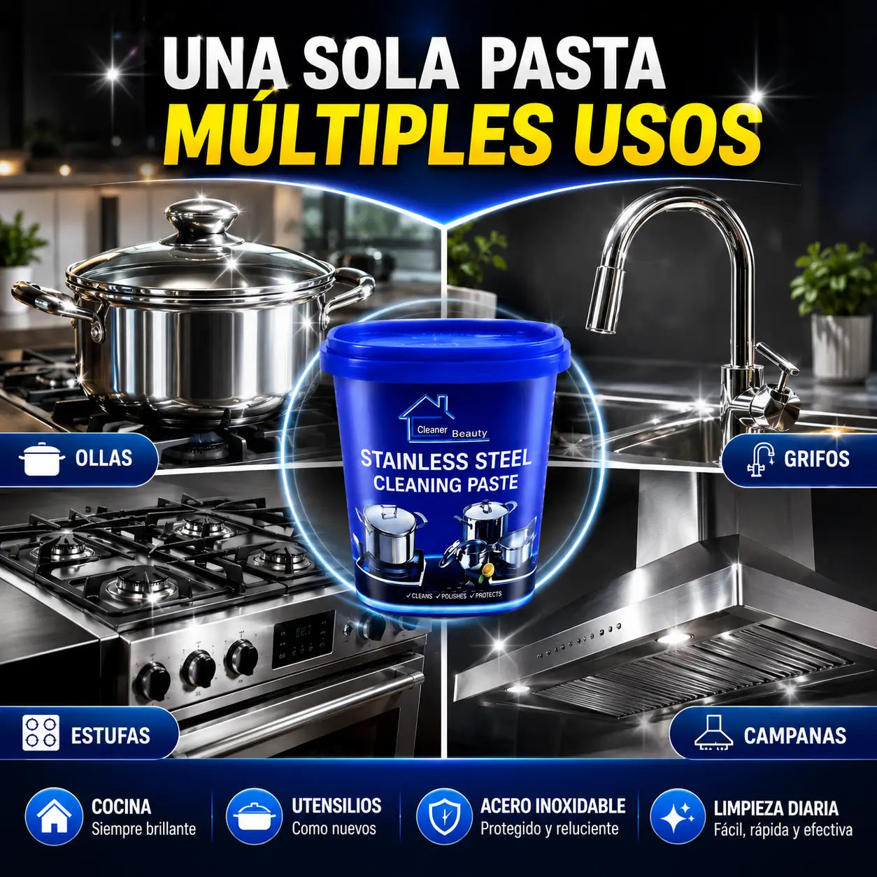 ¡PROMO 3X1! BrilloMax®️: Pasta Limpiadora Multiusos para Acero Inoxidable + 30 Tapas de Silicona de REGALO🎁