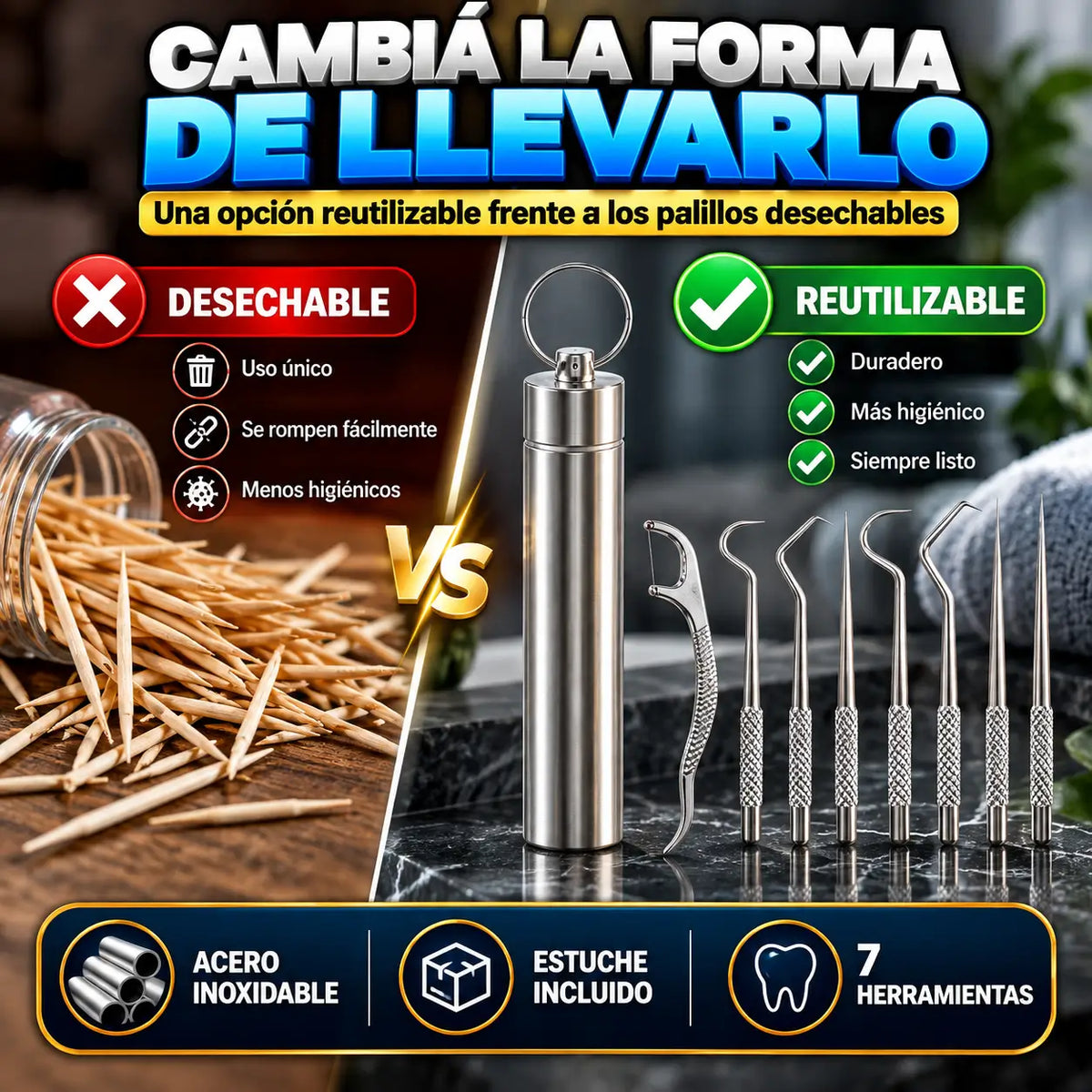 ¡PROMO 2X1! CleanKit Pro®: Kit Dental de Acero Inoxidable 7 en 1