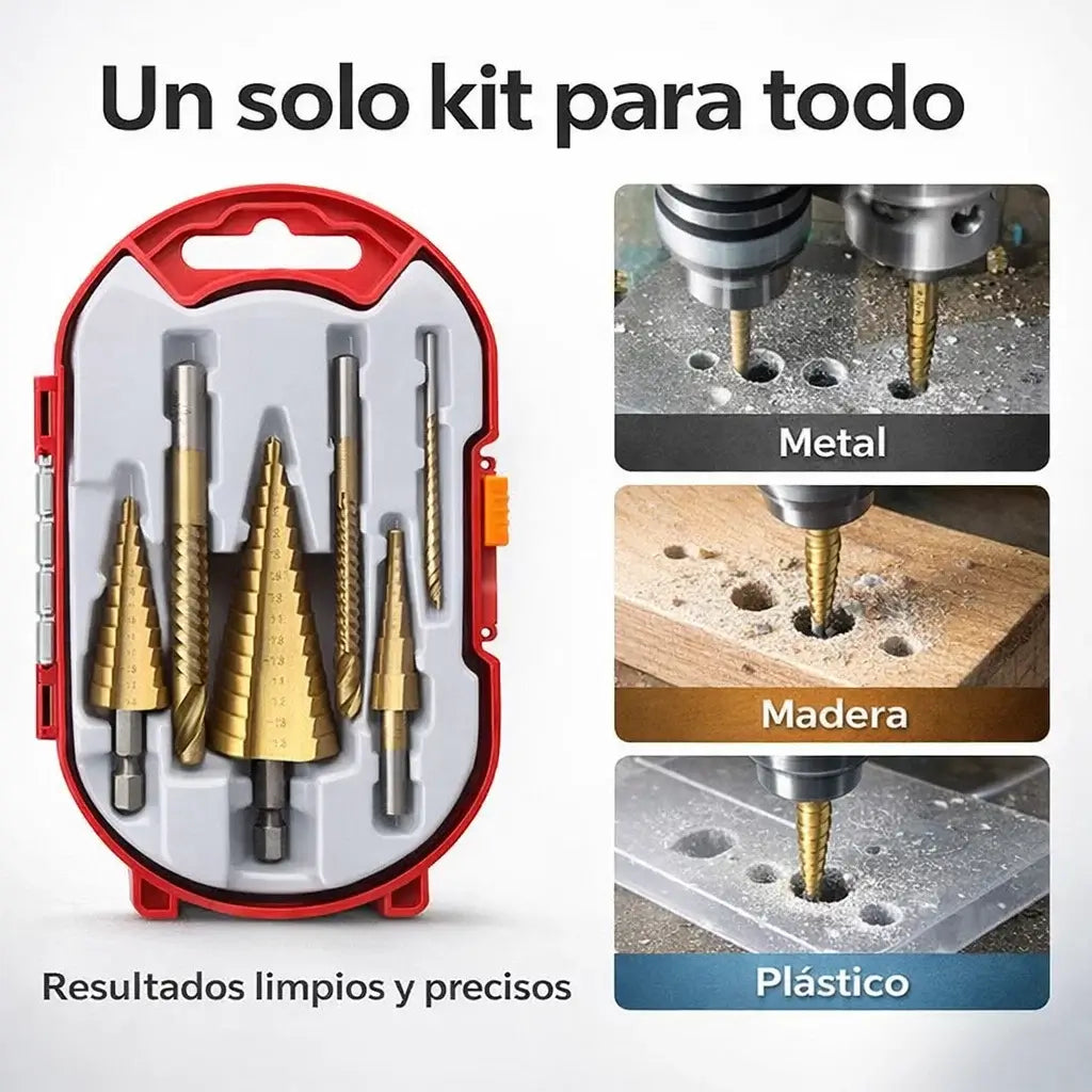 Kit Multifunción de Brocas Escalonadas de Titanio: Perfora fácil, rápido y sin cambiar de broca.