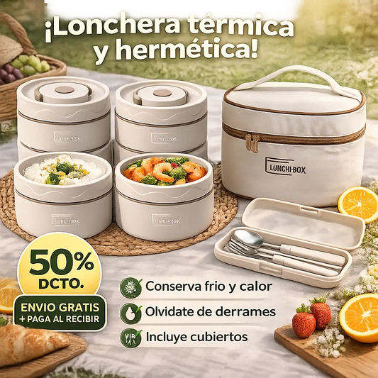 Lonchera Térmica + Set de 4 Portacomidas Herméticos para Llevar tu Almuerzo Organizado