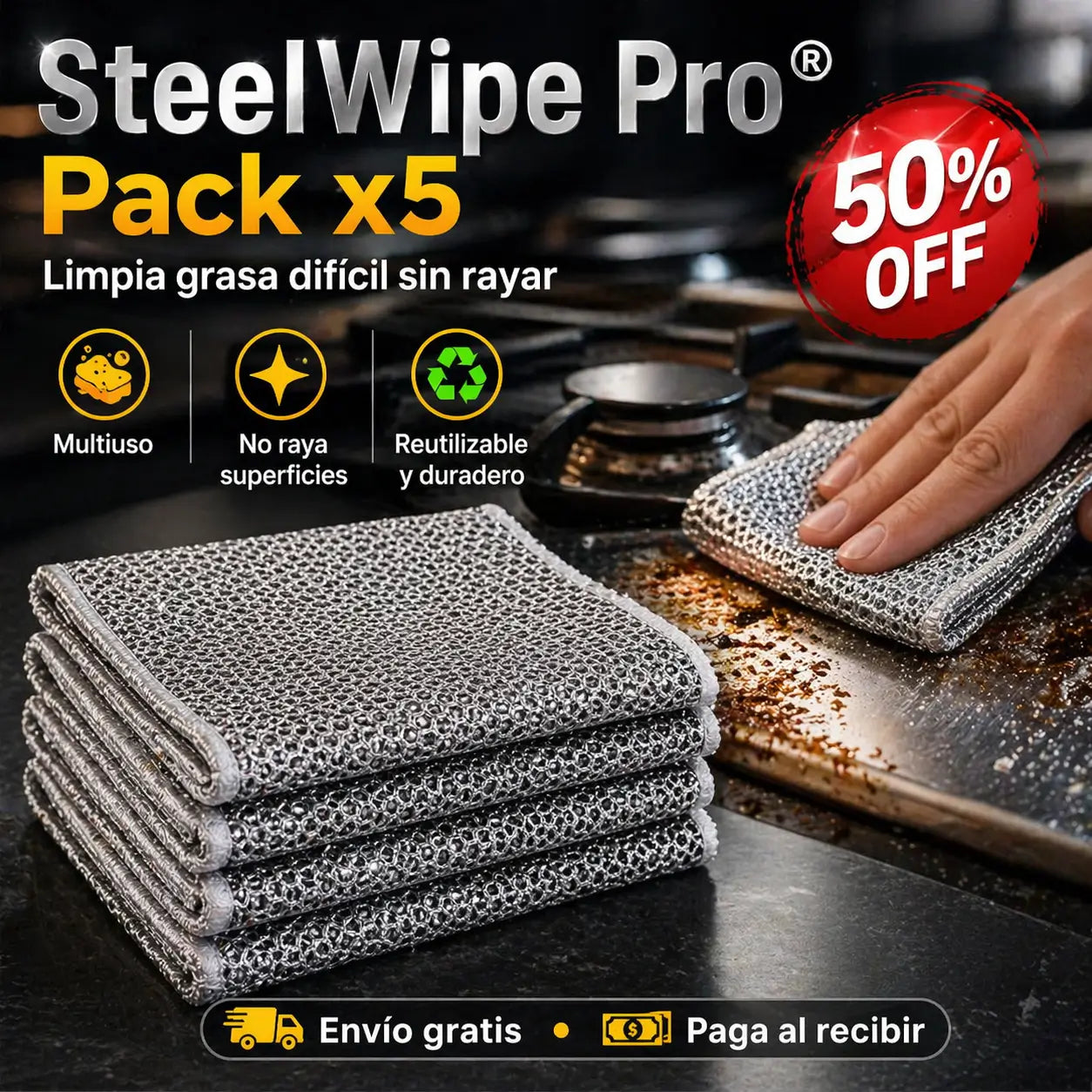 ¡PACK X5! SteelWipe Pro®️: Elimina grasa difícil sin rayar