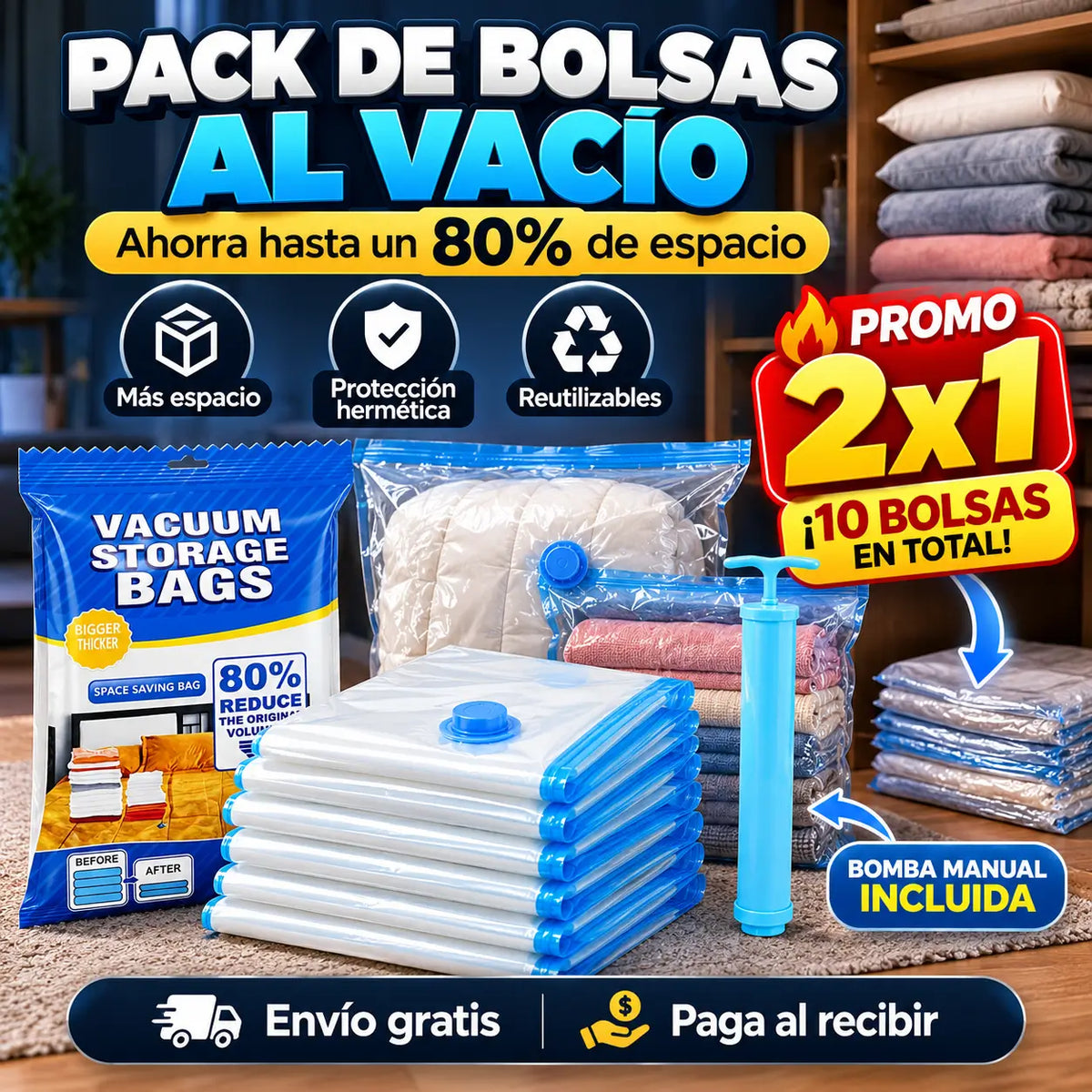 ¡PROMO 2X1! SpacePack Pro®: Bolsas al Vacío Organizadoras con Bomba Manual