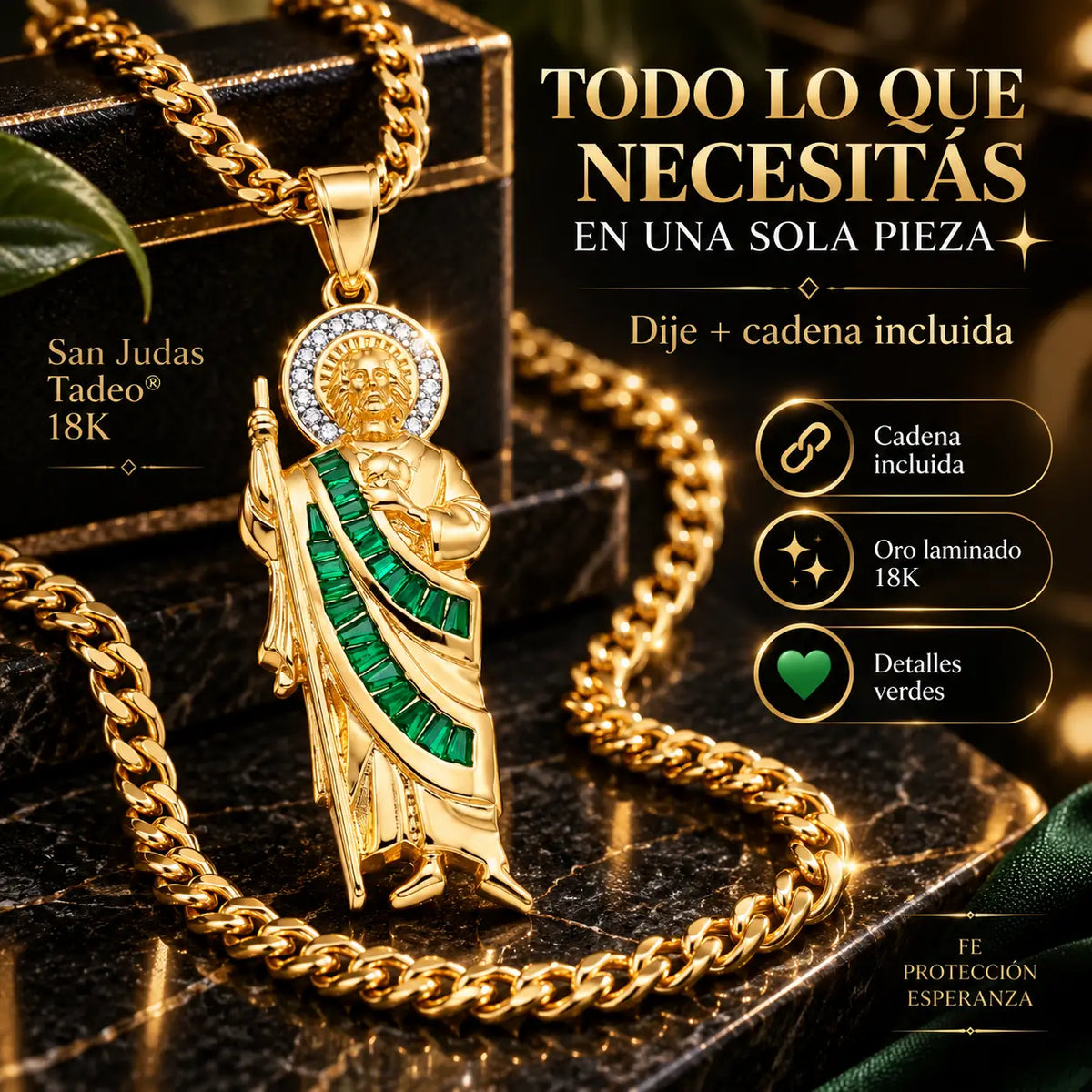 San Judas Tadeo® 18K: Dije + Cadena de Oro Laminado