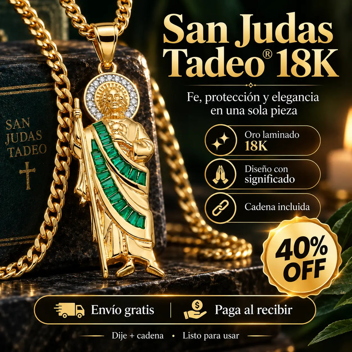 San Judas Tadeo® 18K: Dije + Cadena de Oro Laminado