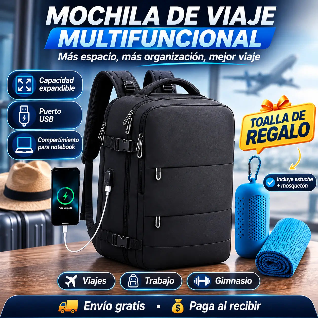 TravelPro®️: Mochila de Viaje Multifuncional con Puerto USB + Toalla Compacta con Estuche y Mosquetón de REGALO 🎁