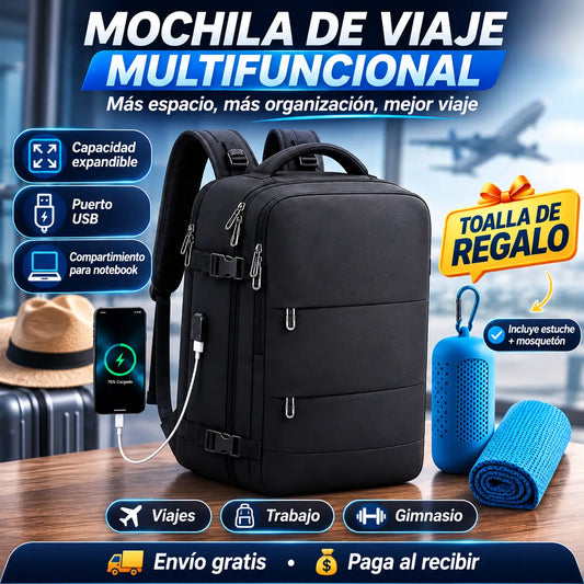TravelPro®️: Mochila de Viaje Multifuncional con Puerto USB + Toalla Compacta con Estuche y Mosquetón de REGALO 🎁