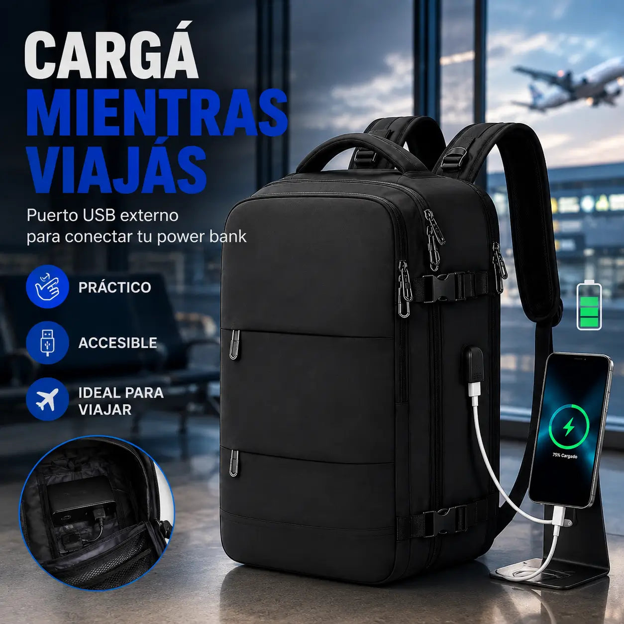 TravelPro®️: Mochila de Viaje Multifuncional con Puerto USB + Toalla Compacta con Estuche y Mosquetón de REGALO 🎁