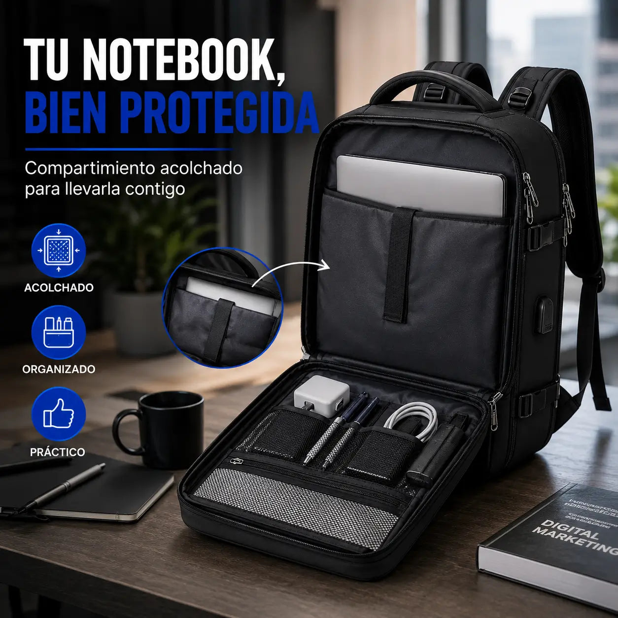 TravelPro®️: Mochila de Viaje Multifuncional con Puerto USB + Toalla Compacta con Estuche y Mosquetón de REGALO 🎁