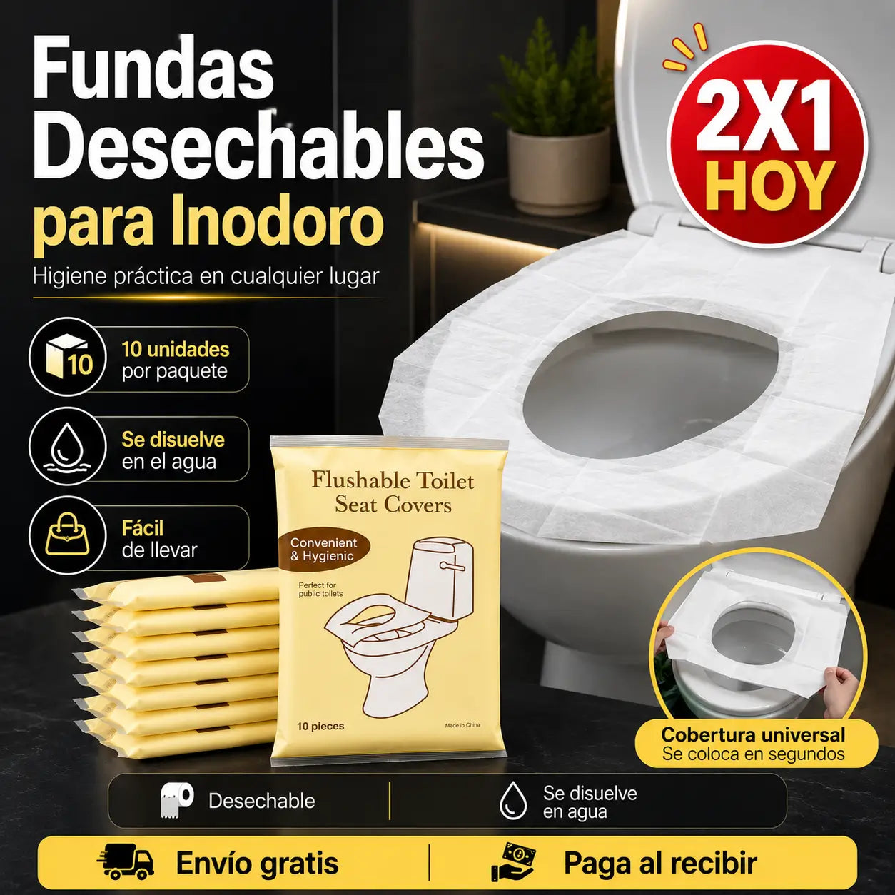 ¡PROMO 2X1! CoverSeat Pro®️: Fundas Desechables para Inodoro, Solubles en Agua