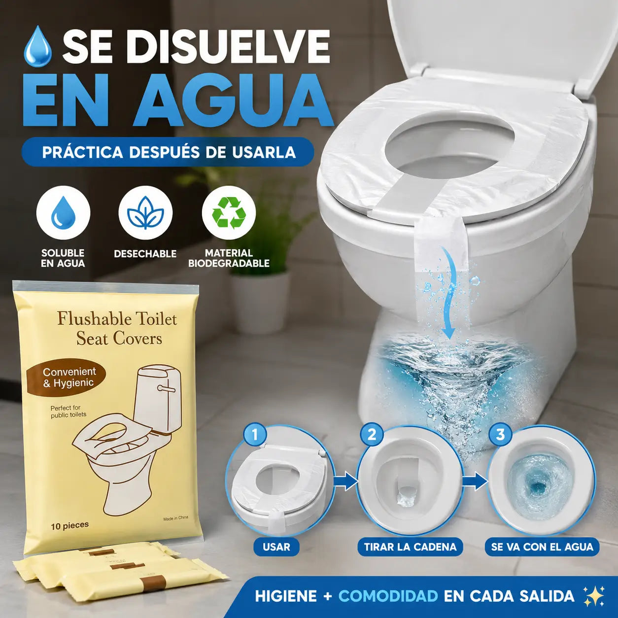 ¡PROMO 2X1! CoverSeat Pro®️: Fundas Desechables para Inodoro, Solubles en Agua