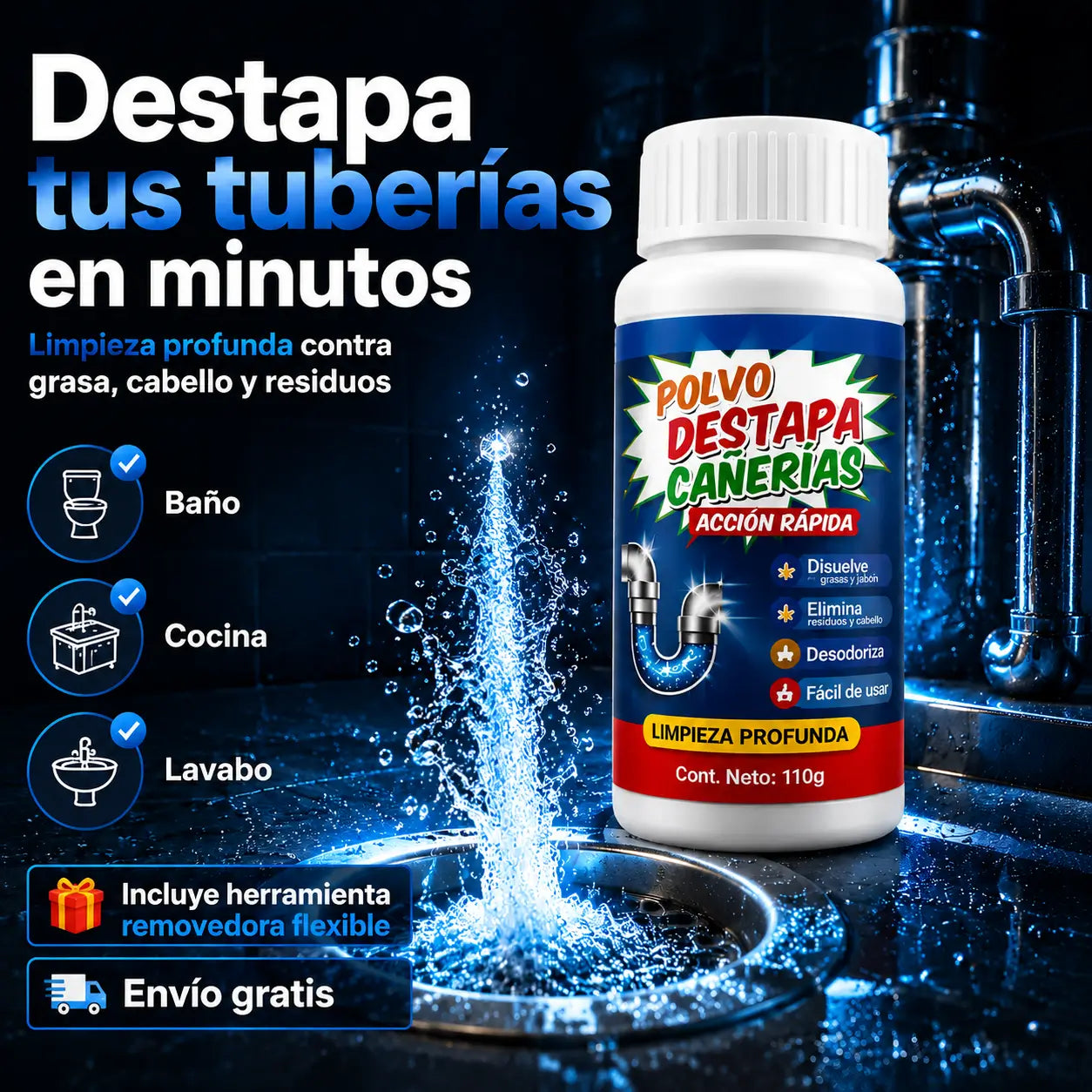 ¡PROMO 3X1! PowerPipe Clean®: Fórmula Destapa Cañerías + Pinza destapa tuberias de regalo!🎁