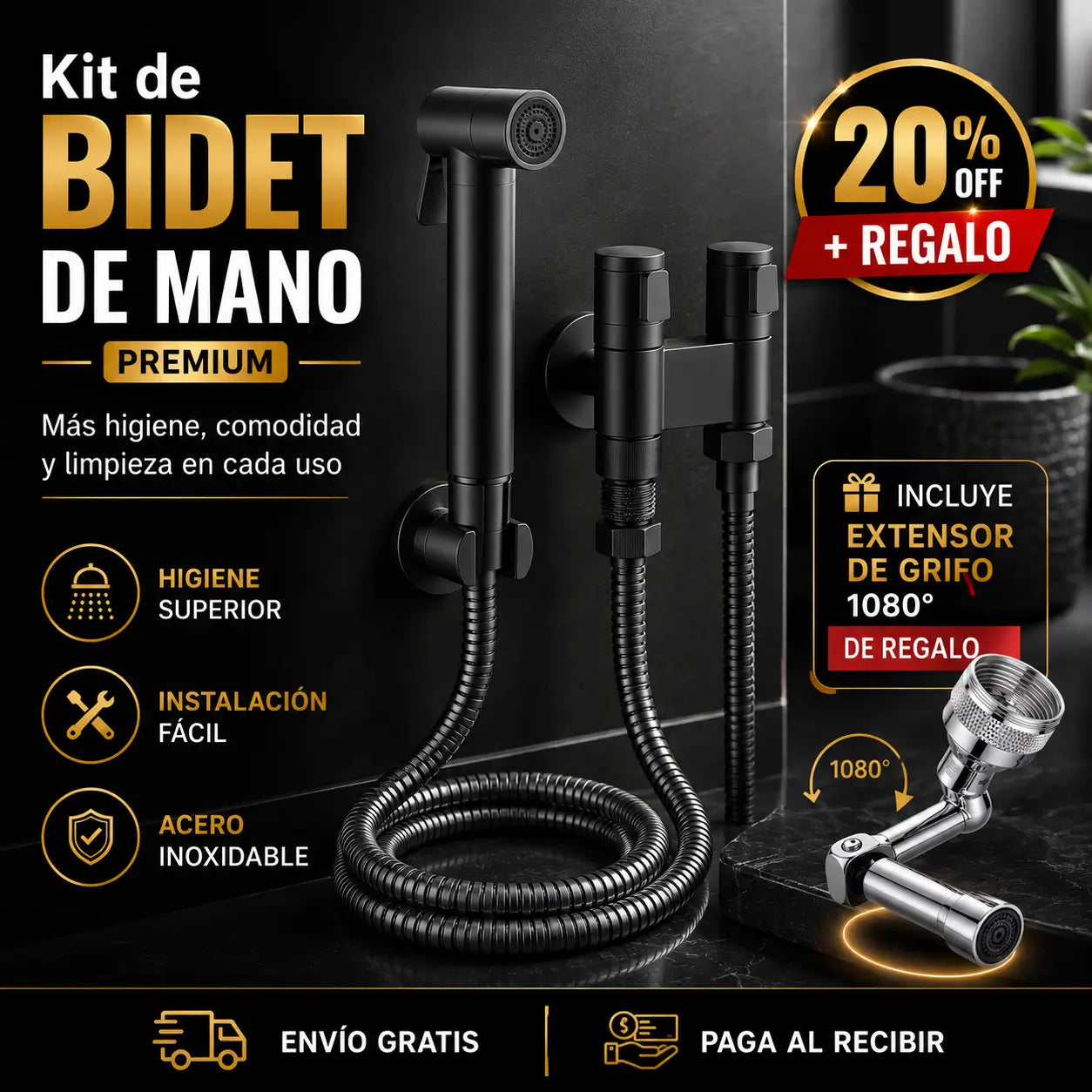 CleanJet Pro®: Kit de Bidet de Mano Premium + Extensor de Grifo 1080° DE REGALO