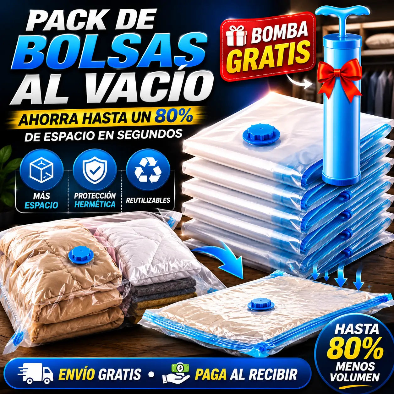 SpaceVac®️: Kit de 5 Bolsas de Compresión al Vacío + Bomba de Succión de REGALO🎁