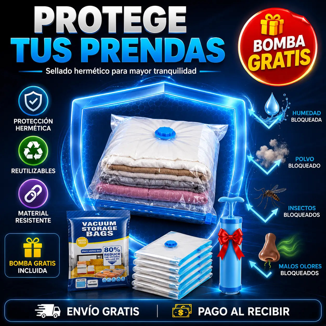 SpaceVac®️: Kit de 5 Bolsas de Compresión al Vacío + Bomba de Succión de REGALO🎁