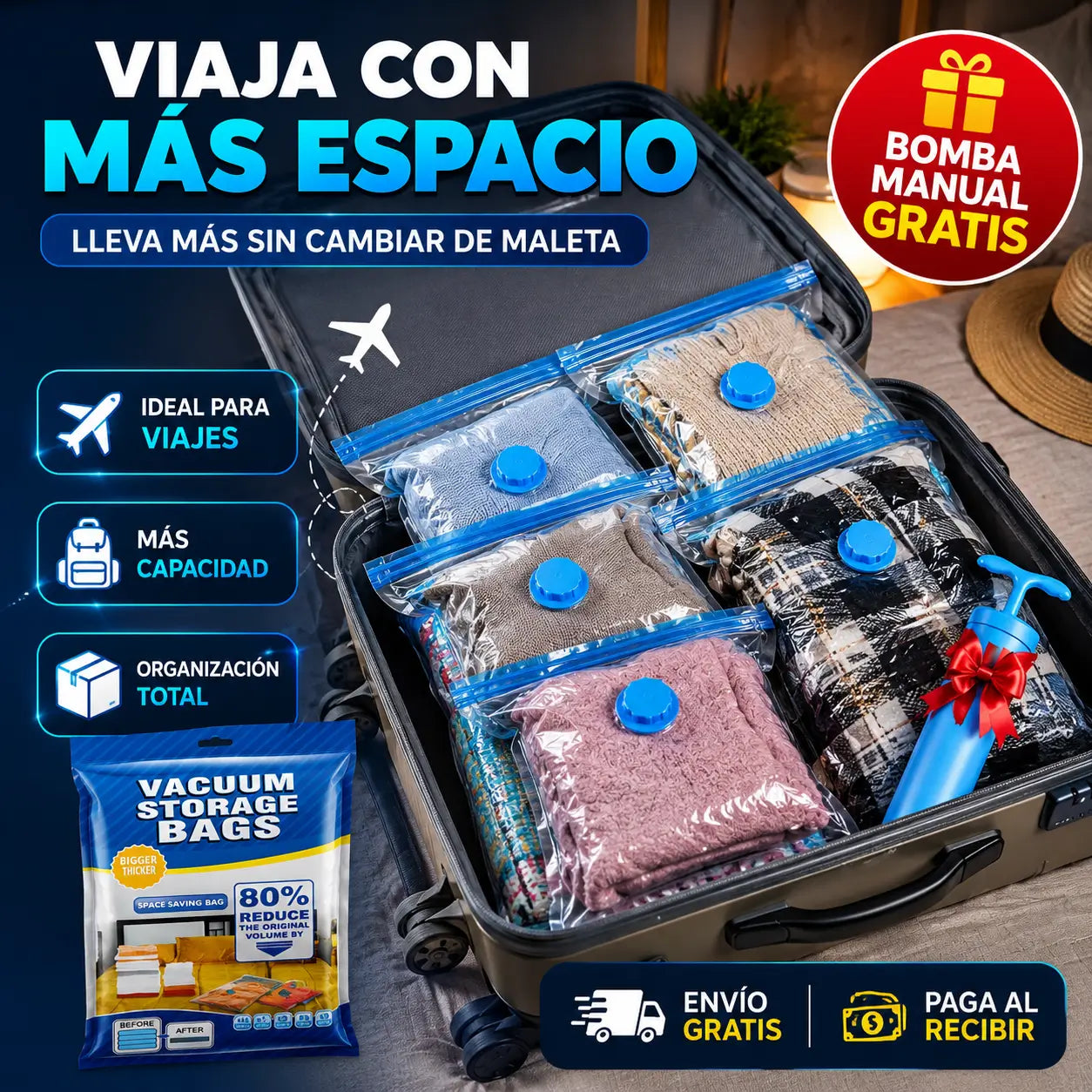 SpaceVac®️: Kit de 5 Bolsas de Compresión al Vacío + Bomba de Succión de REGALO🎁