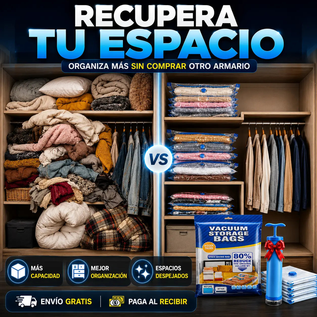 SpaceVac®️: Kit de 5 Bolsas de Compresión al Vacío + Bomba de Succión de REGALO🎁