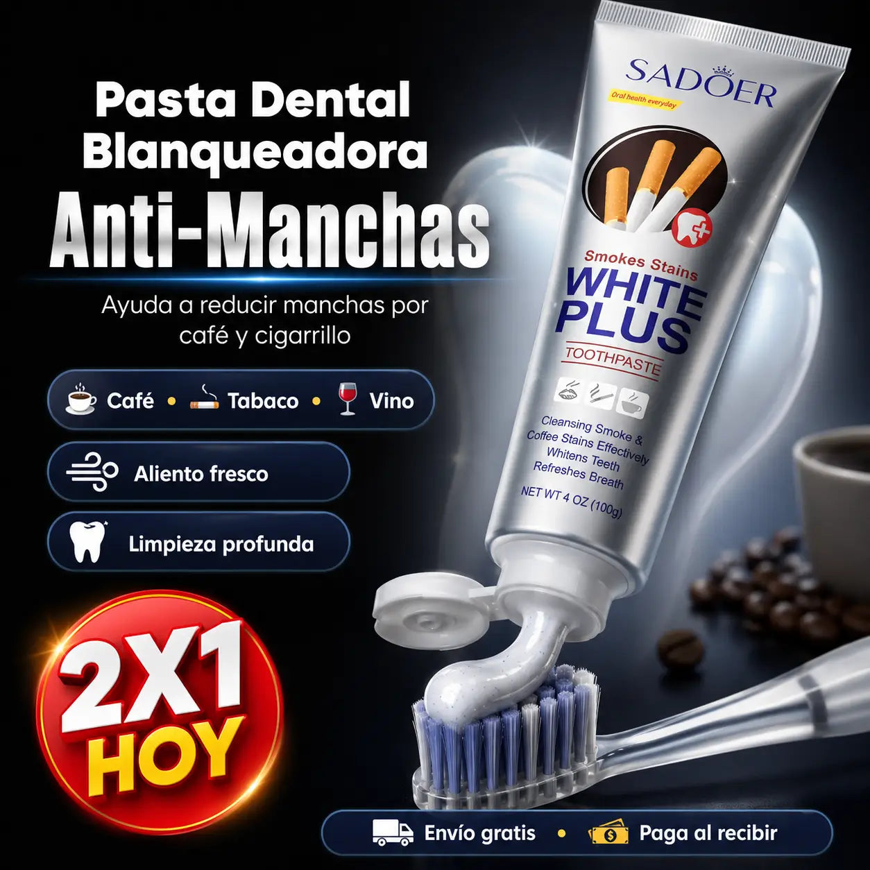 ¡PROMO 2X1! WhiteGlow Plus®️: Pasta dental blanqueadora anti-manchas con frescura intensa y limpieza profunda.