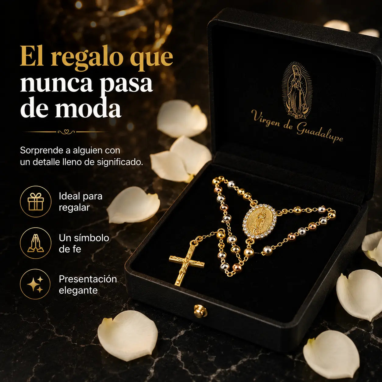 ¡PROMO 2X1! Rosario Divina Fe®: Rosario Virgen de Guadalupe Bañado en Oro de 18K