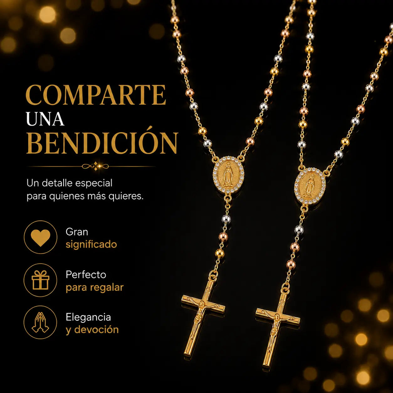 ¡PROMO 2X1! Rosario Divina Fe®: Rosario Virgen de Guadalupe Bañado en Oro de 18K