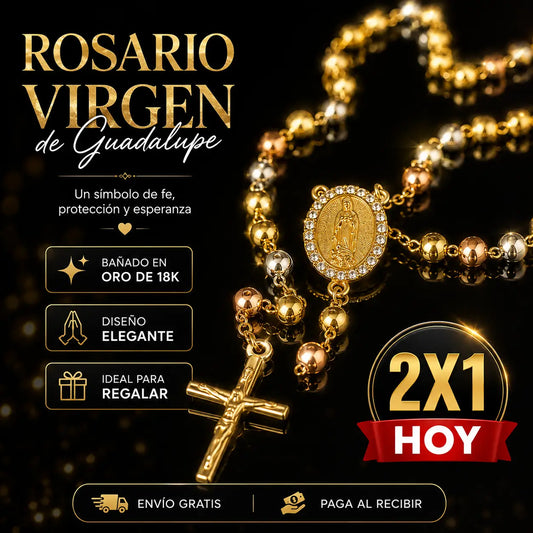 ¡PROMO 2X1! Rosario Divina Fe®: Rosario Virgen de Guadalupe Bañado en Oro de 18K
