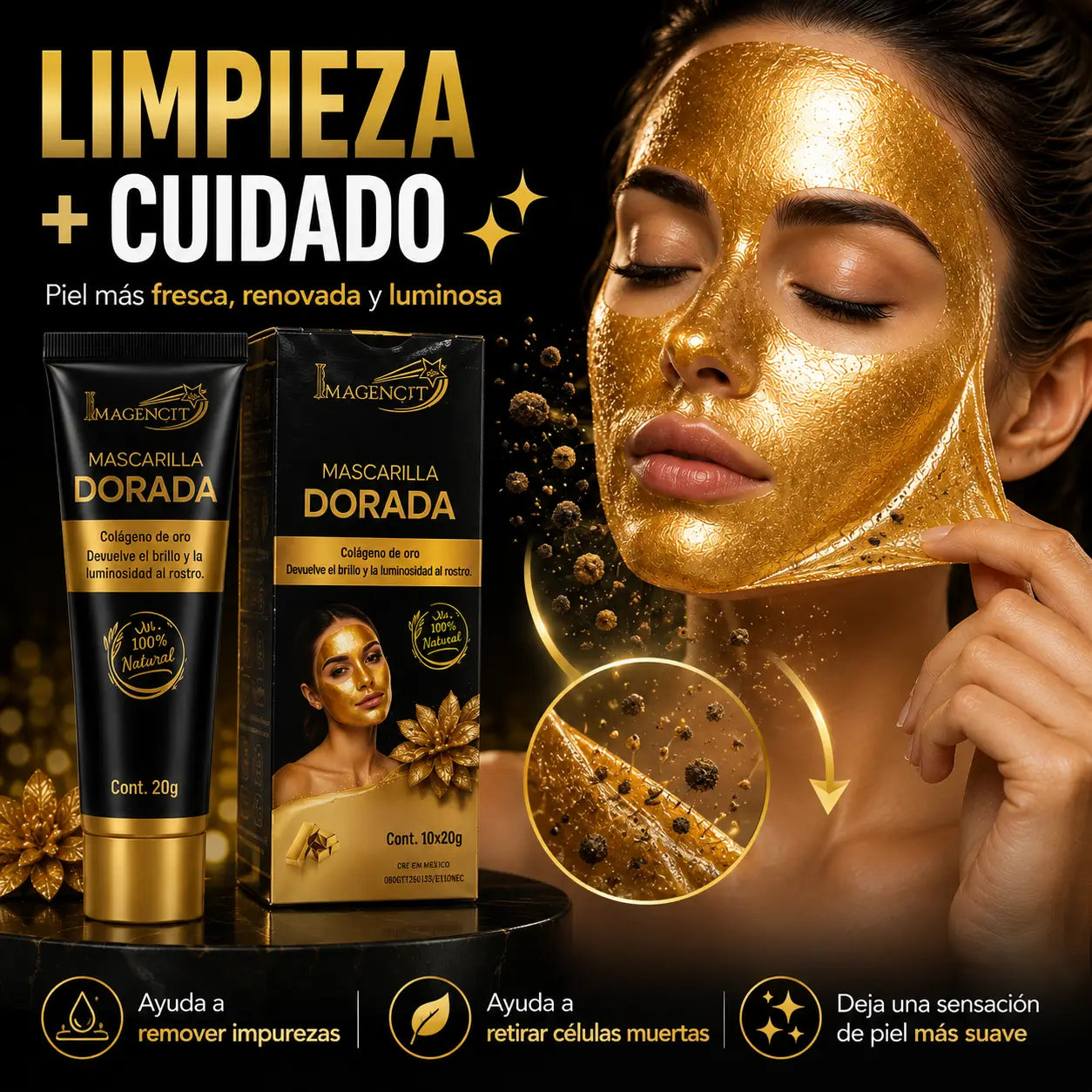 ¡PROMO 2X1! GoldenGlow Pro®: Mascarilla Facial Dorada con Colágeno de Oro