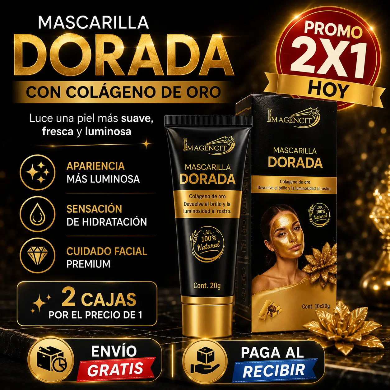 ¡PROMO 2X1! GoldenGlow Pro®: Mascarilla Facial Dorada con Colágeno de Oro