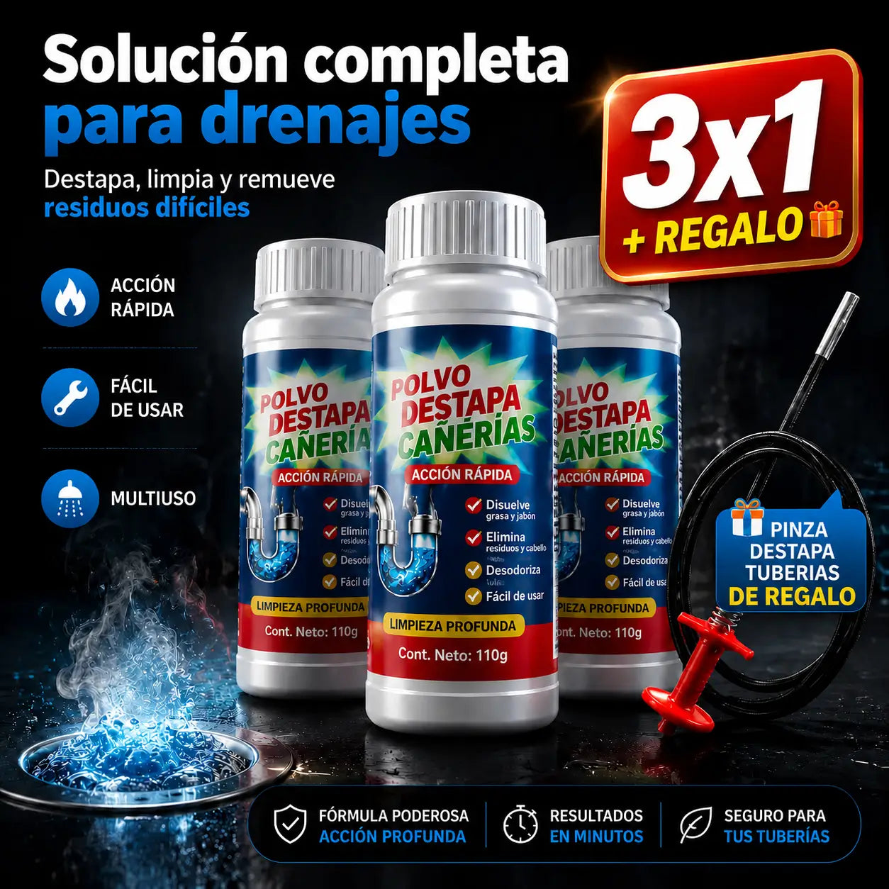 ¡PROMO 3X1! PowerPipe Clean®: Fórmula Destapa Cañerías + Pinza destapa tuberias de regalo!🎁