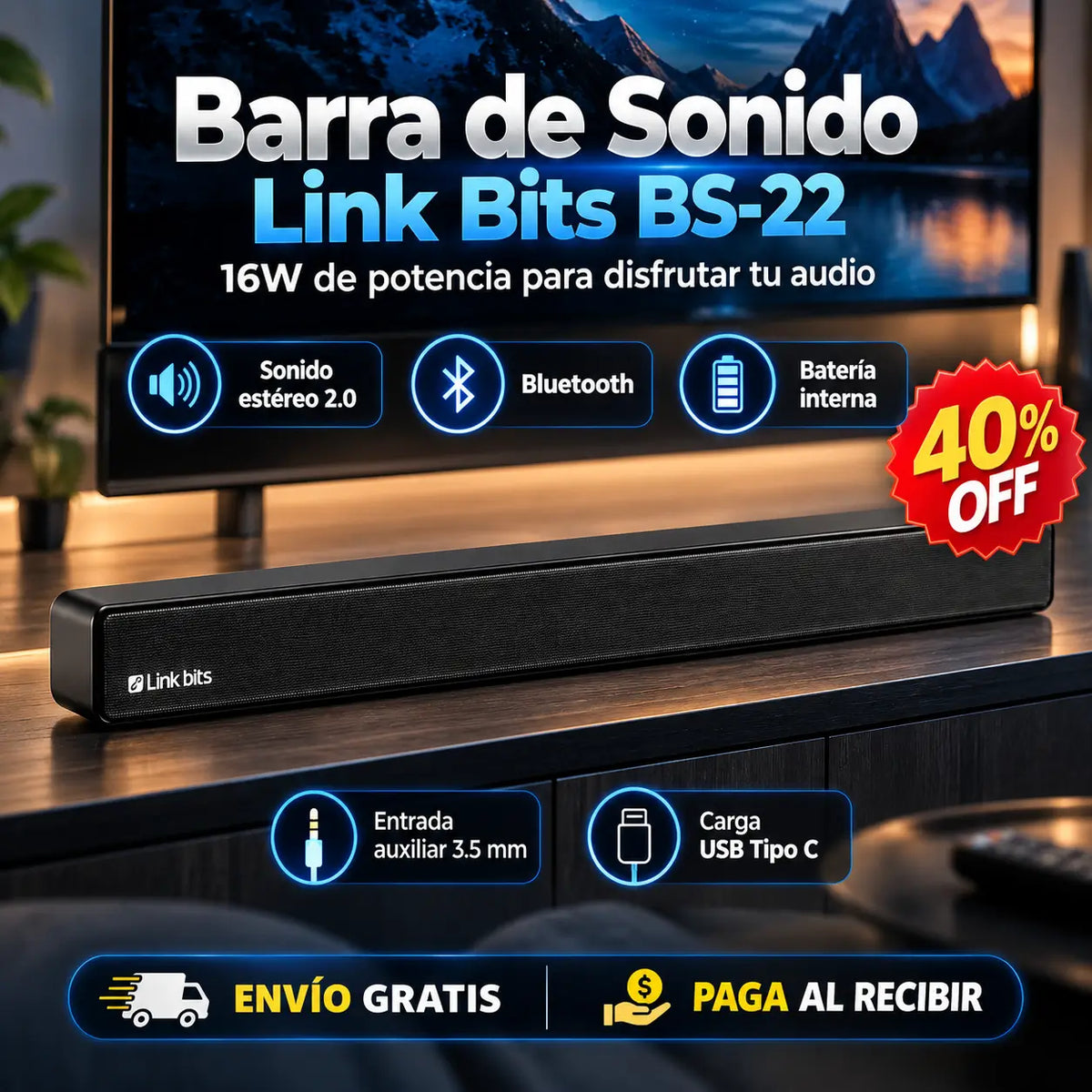 Link Bits BS-22®: Barra de Sonido Bluetooth 16W