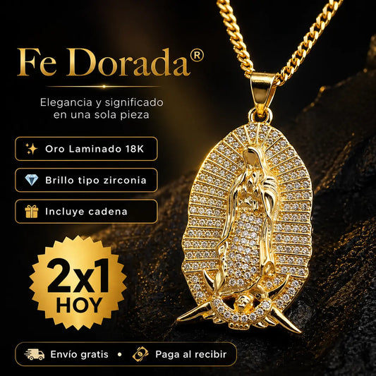 ¡PROMO 2X1! Fe Dorada® – Dije Virgen de Guadalupe en Oro Laminado 18K + Cadena