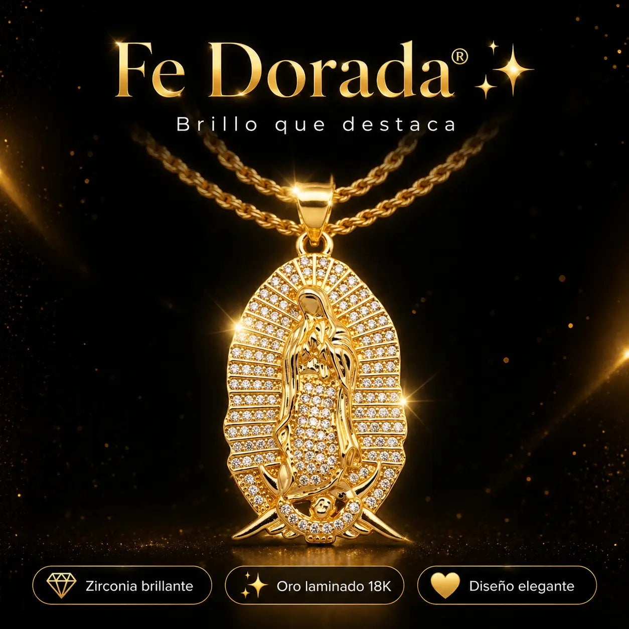 ¡PROMO 2X1! Fe Dorada® – Dije Virgen de Guadalupe en Oro Laminado 18K + Cadena