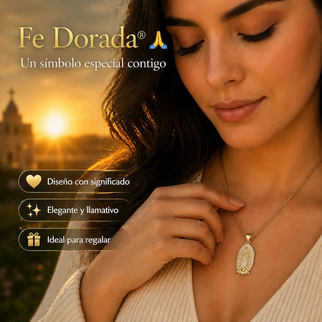 ¡PROMO 2X1! Fe Dorada® – Dije Virgen de Guadalupe en Oro Laminado 18K + Cadena