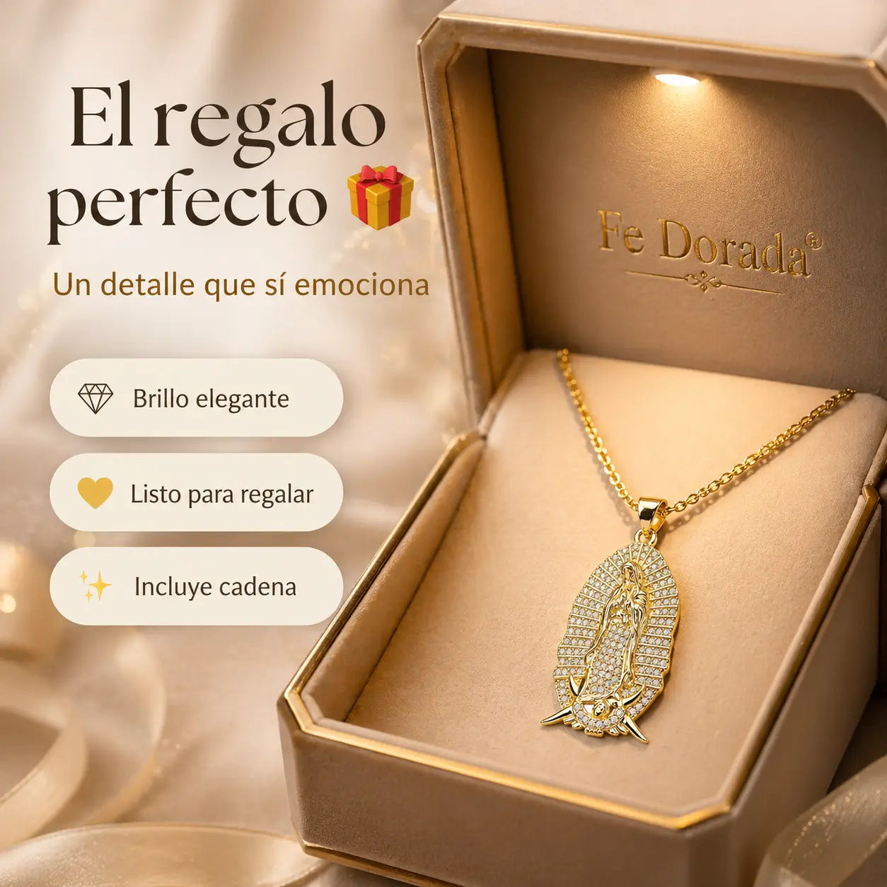 ¡PROMO 2X1! Fe Dorada® – Dije Virgen de Guadalupe en Oro Laminado 18K + Cadena