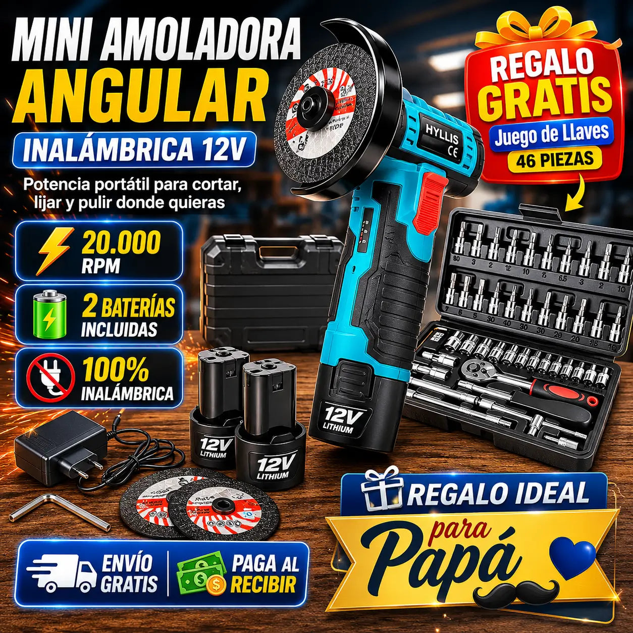 PowerCut Pro®: Mini Amoladora 12V + Kit de 46 Llaves de REGALO