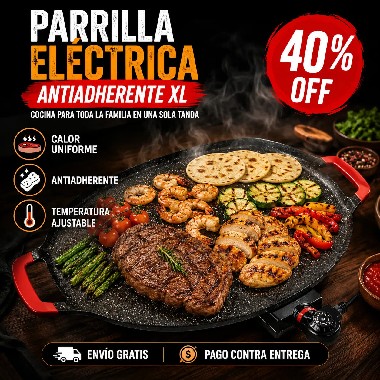 GrillMaster Pro®: Parrilla Eléctrica Antiadherente XL