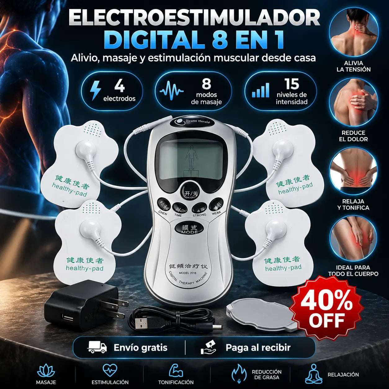 ElectroStim Pro®️ 8 en 1:  Electroestimulador Digital con 8 Modos y 15 Niveles de Intensidad