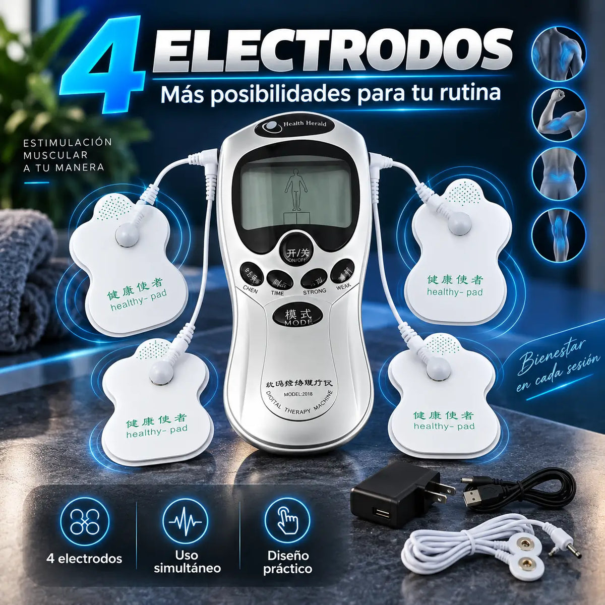 ElectroStim Pro®️ 8 en 1:  Electroestimulador Digital con 8 Modos y 15 Niveles de Intensidad