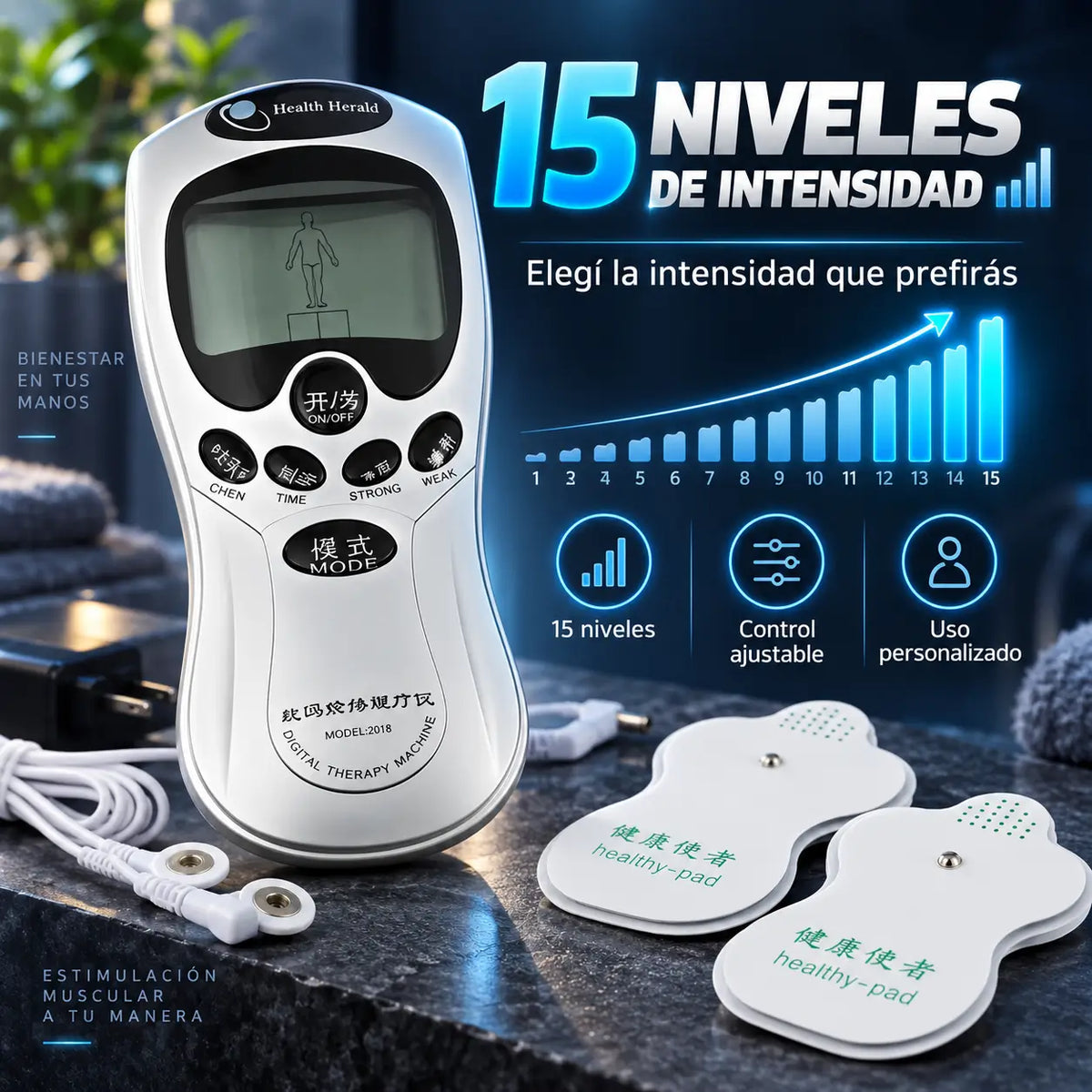 ElectroStim Pro®️ 8 en 1:  Electroestimulador Digital con 8 Modos y 15 Niveles de Intensidad