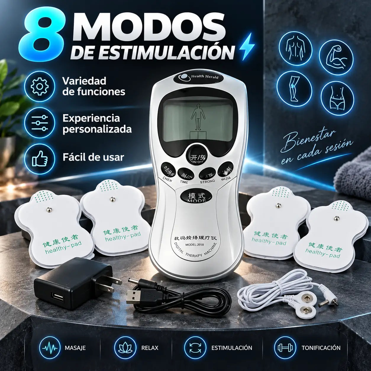 ElectroStim Pro®️ 8 en 1:  Electroestimulador Digital con 8 Modos y 15 Niveles de Intensidad