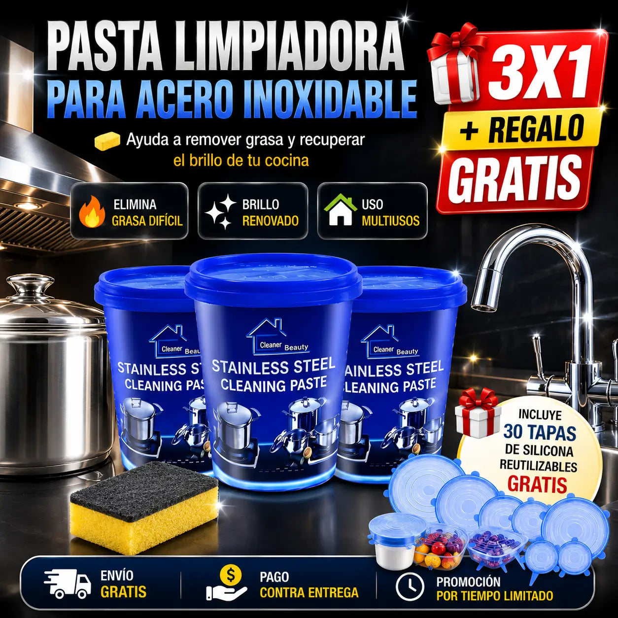 ¡PROMO 3X1! BrilloMax®️: Pasta Limpiadora Multiusos para Acero Inoxidable + 30 Tapas de Silicona de REGALO🎁