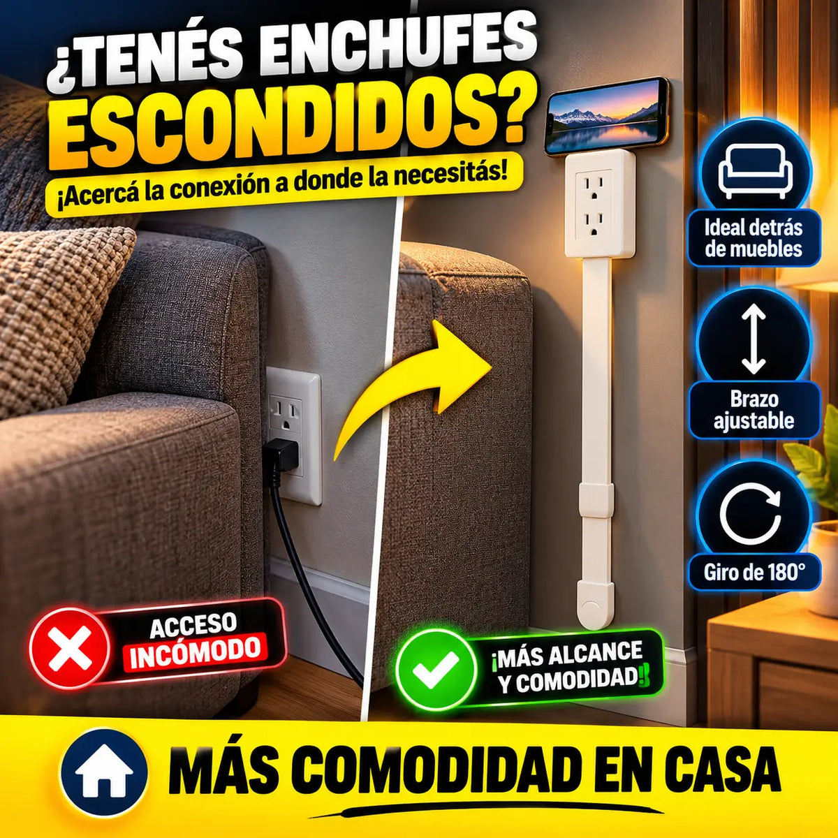 FlexiPlug®: Extensor de Enchufe Giratorio 180° 2 Tomas con Soporte Integrado