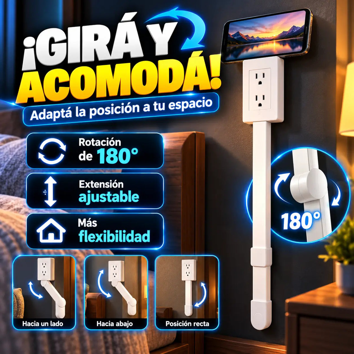 FlexiPlug®: Extensor de Enchufe Giratorio 180° 2 Tomas con Soporte Integrado