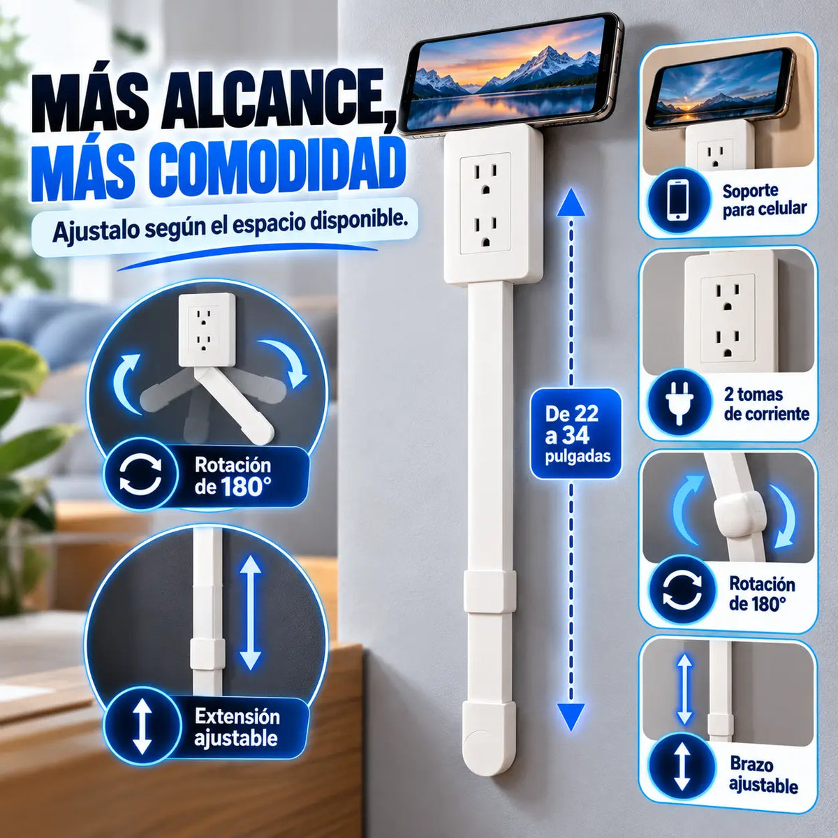 FlexiPlug®: Extensor de Enchufe Giratorio 180° 2 Tomas con Soporte Integrado