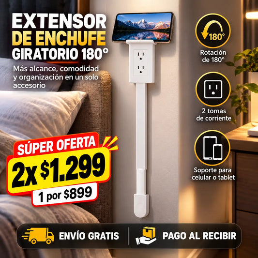 FlexiPlug®: Extensor de Enchufe Giratorio 180° 2 Tomas con Soporte Integrado
