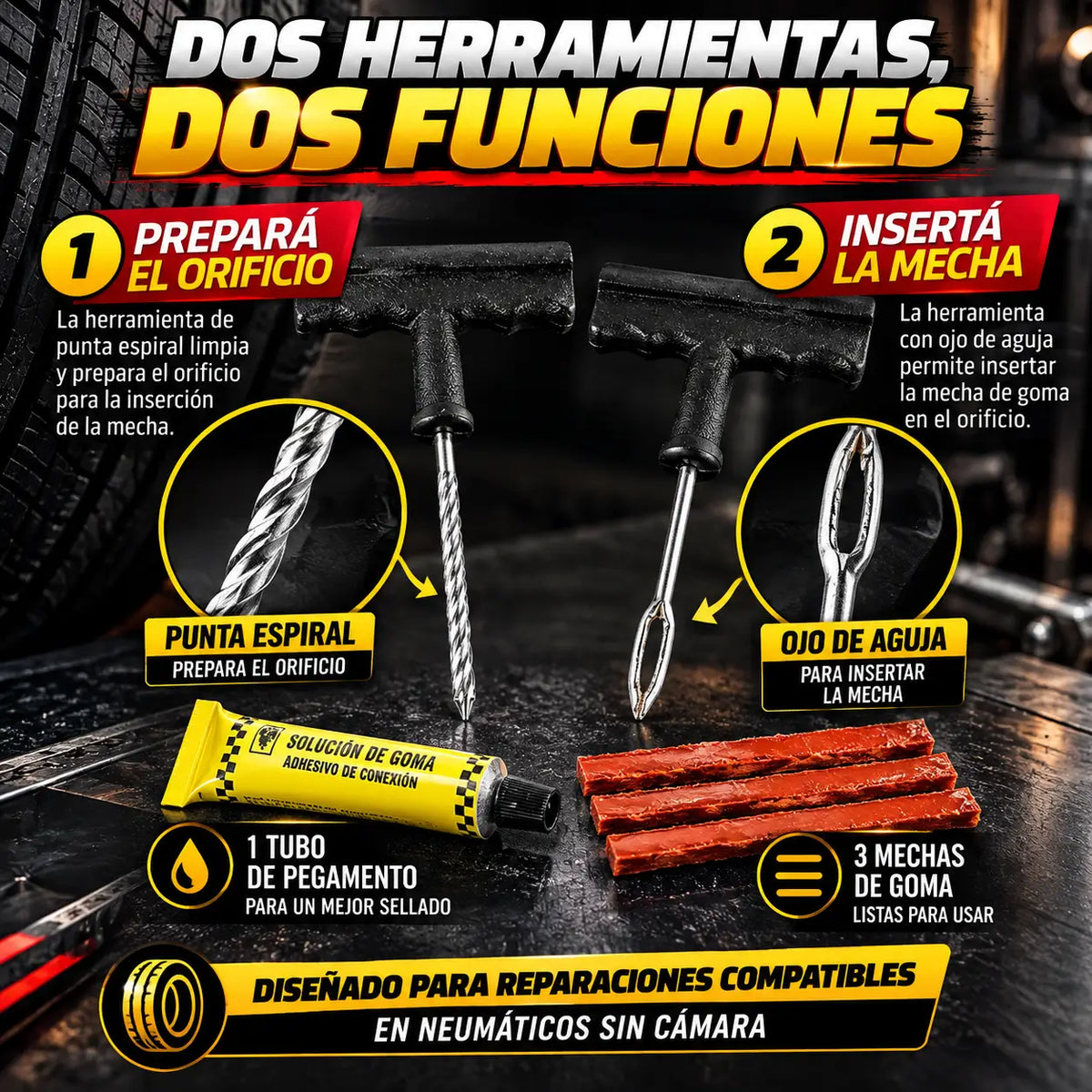 PuncturePro®: Kit Reparador de Pinchazos para Neumáticos Sin Cámara + Limpiavidrios de Regalo 🎁
