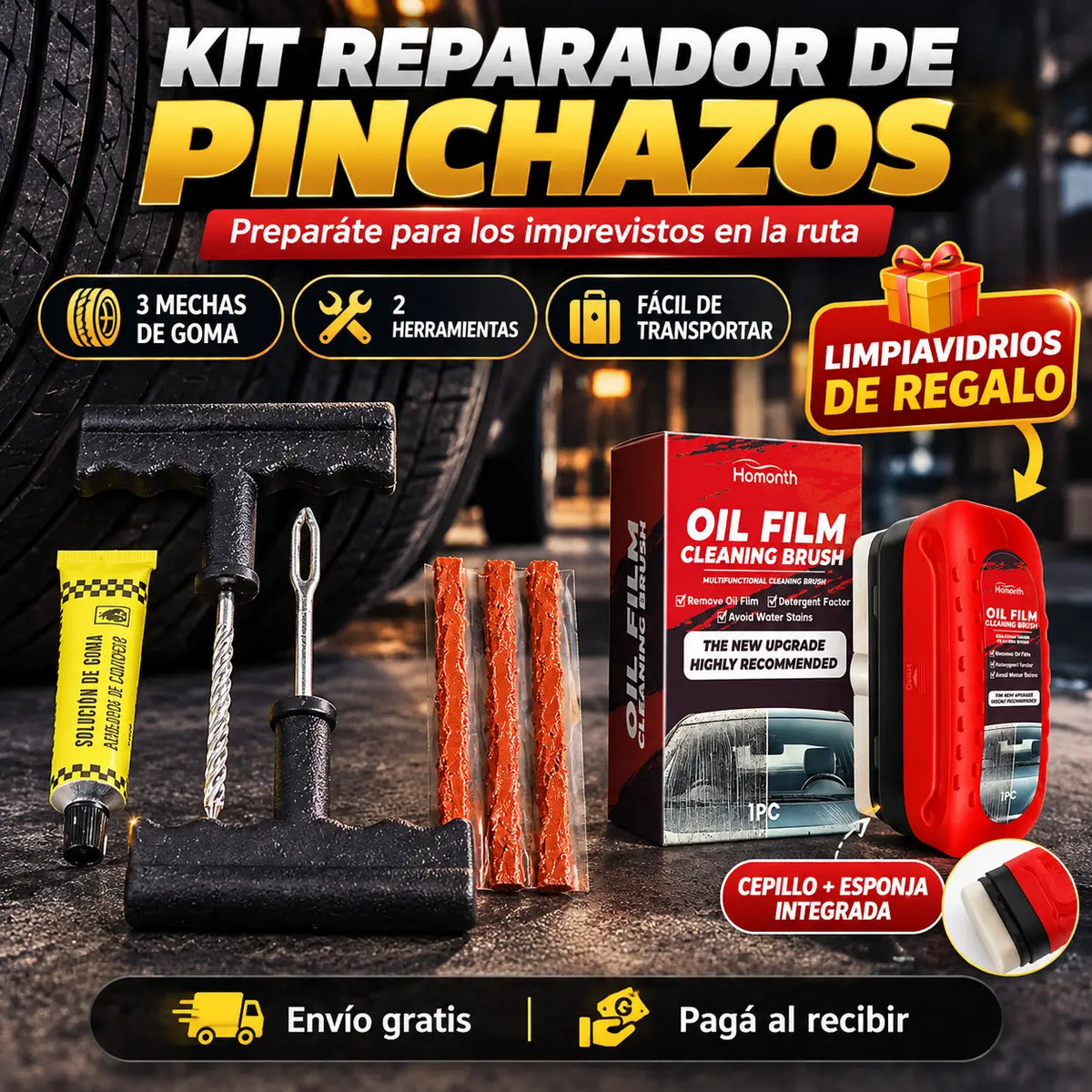 PuncturePro®: Kit Reparador de Pinchazos para Neumáticos Sin Cámara + Limpiavidrios de Regalo 🎁